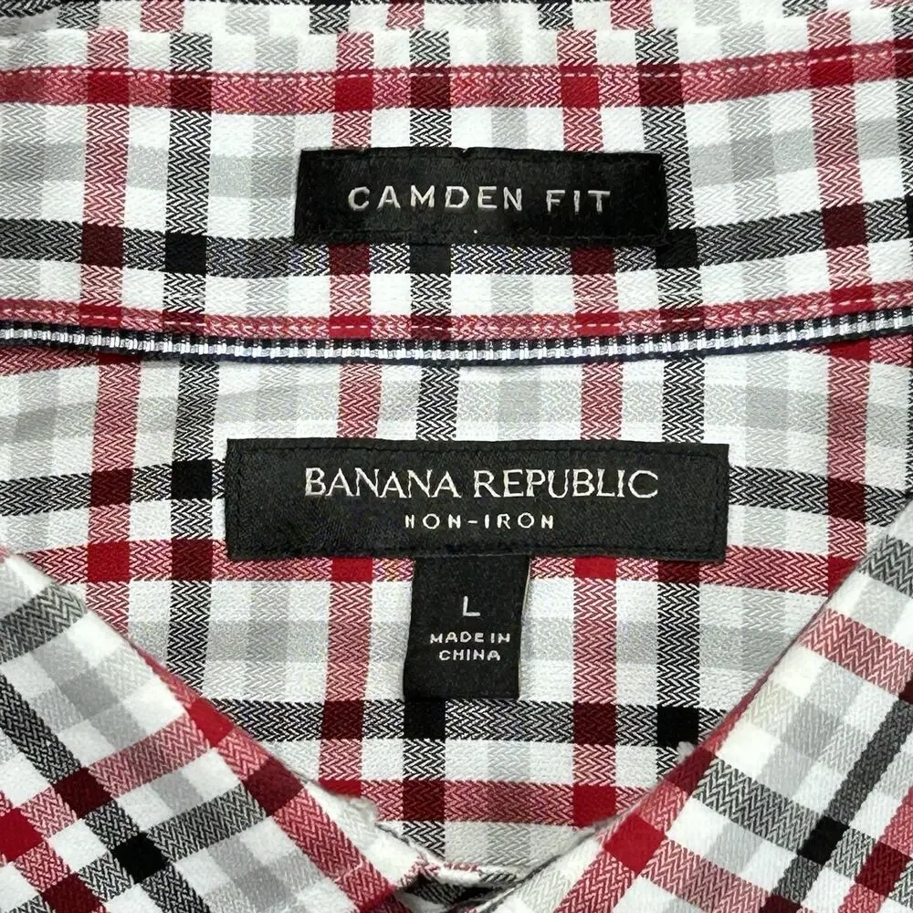Banana Republic Men L Camden Fit Non-Iron Red Gray Black Herringbone Plaid Shirt